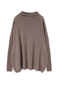 Brązowy, oversize sweter z wysokim kołnierzem, szerokimi rękawami i strukturalnym splotem. Posiada ribbowe wykończenie u dołu oraz boczne rozcięcia dla swobody ruchów.