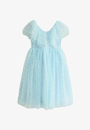 Helles blaues Tüllkleid mit kurzen Puffärmeln, einem Rüschenausschnitt und verstreuten schillernden Pailletten auf dem Rock.
