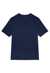 T-shirt à manches courtes bleu marine en coton doux, avec un col rond classique et une texture lisse sans motifs ni accents.