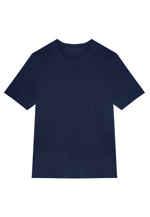 Tricou bleumarin cu maneci scurte, realizat dintr-un material din bumbac moale, având un guler clasic și o textură netedă, fără modele sau accente.