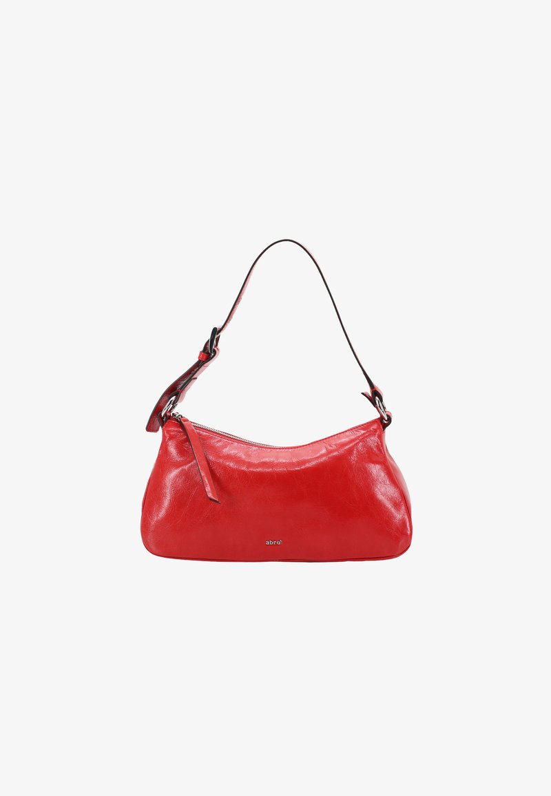 Rote Leder-Schultertasche mit glatter Oberfläche, geschwungener Form und einem einzelnen, verstellbaren Riemen. Verfügt über einen Reißverschluss und Logodetails.