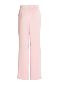 Pantalon femme taille haute à jambes larges, rose clair, avec plis sur le devant et taille lisse, adapté pour une tenue formelle ou professionnelle.