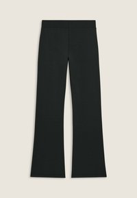 Pantaloni neri a campana realizzati in un tessuto liscio e elasticizzato. Presentano una vita alta e orli rifiniti e puliti. Design semplice e monocromatico.