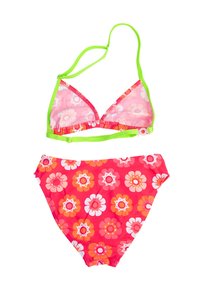 Dwuczęściowy zestaw bikini z różowym przezroczystym, trójkątnym stanikiem z zielonymi akcentami oraz dopasowanym, wysokim majtkami w kwiatowy wzór w żywych kolorach.