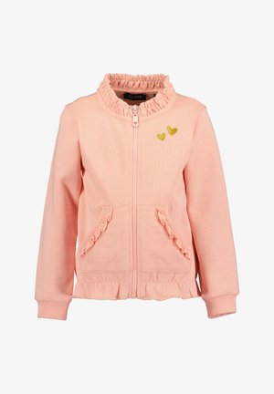 Světle růžová mikina na zip s volánkovým límcem a kapsami, která má drobné zlaté srdíčkové ozdoby na hrudi. Měkký bavlněný materiál.