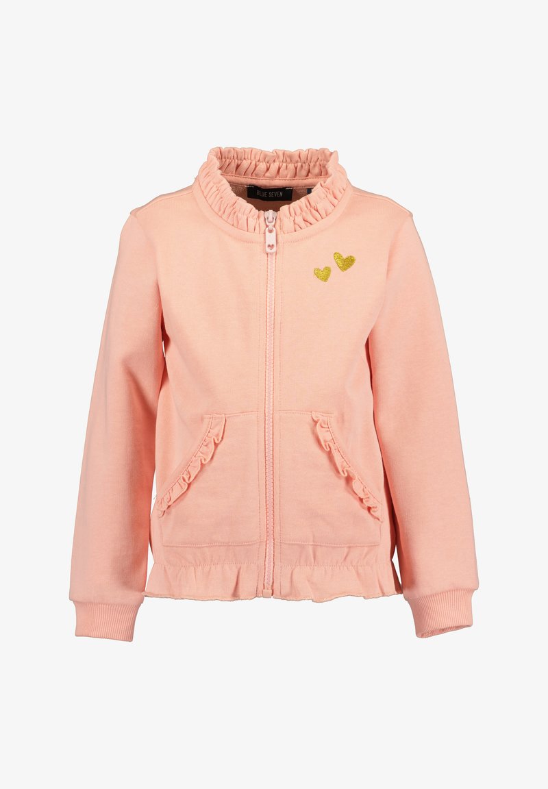 Haut à capuche zippé rose clair avec un col froncé et des poches, orné de petits cœurs en doré sur la poitrine. Matière en coton douce.