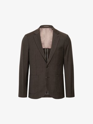 Sötétbarna csíkos zakó, lekerekitett hajtókákkal, két elülső zsebbel, egysoros gombolással, és világos tónusú selyem belső béléssel.