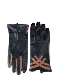 Black leather gloves with brown accents; features include a fitted wrist, a smooth texture, and crisscross patterns on the back.