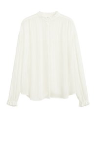 Blouse blanche à manches longues avec fines rayures verticales, col haut à volants, poignets froncés, coupe ample, sans boutons ni ornements.