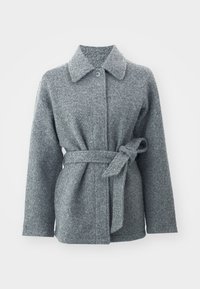 Grau strukturierter Mantel mit Kragen, Knopfverschluss und tailliertem Bund. Verfügt über lange Ärmel und einen weichen, gewebten Stoff.