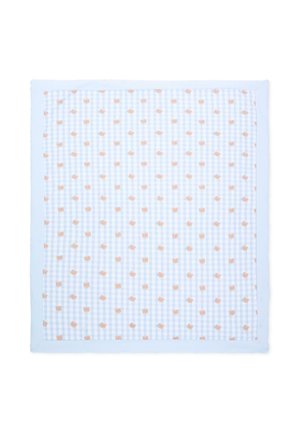 Copertina per neonato a quadretti blu e bianca con piccolo motivo di facce di orso arancione e bordo solido azzurro chiaro.