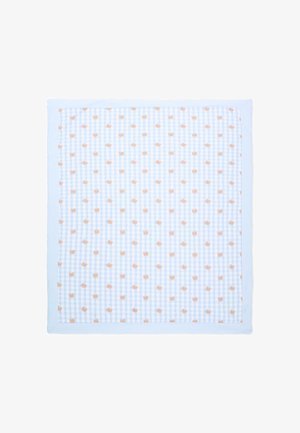 Blauw-witte geruite babydeken met kleine oranje berengezichten en een effen lichtblauwe rand.