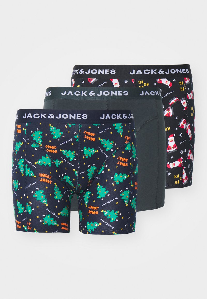 Drei Paar Herren-Boxershorts: eine navyblaue mit Weihnachtsbaumdruck, eine dunkelgraue und eine weitere mit Santa- und Weihnachtsmustern.