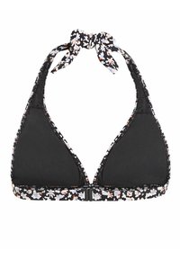 Sort trekantet bikini-overdel med blomstermotiver, halterneck-bindebånd og justerbar lukning. Glat stof med kontrasterende tryk på kanterne.