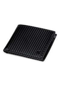 Black bi-fold wallet made of textured carbon fiber material, featuring a sleek design, subtle logo detail, and smooth finish.