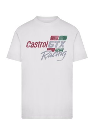 White cotton t-shirt featuring a distressed graphic print in red, green, and blue for "Castrol GTX Racing" on the front. Short sleeves.