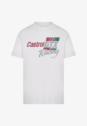 White cotton t-shirt featuring a distressed graphic print in red, green, and blue for "Castrol GTX Racing" on the front. Short sleeves.