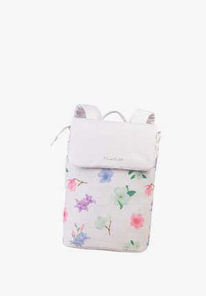 Rucksack mit floralem Muster in hellen Farben, der rosa, lila und grüne Blumen auf einem weißen Hintergrund zeigt. Weiches Material, rechteckige Form.