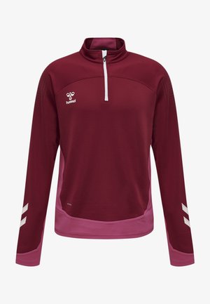 Mørkerød langærmet trøje med kvart lynlås og lyserøde detaljer, med logo på brystet, struktureret stof og hvide stribedetaljer på ærmerne.