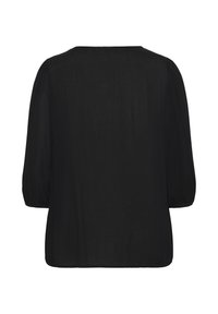 Sort bluse med en afslappet pasform, der har trekvart lange puffærmer og et glat, struktureret stof. Lige kant og enkelt udskæring.