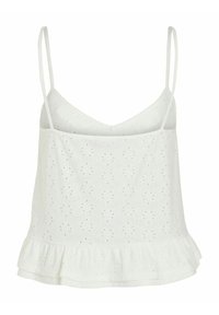 Top color avorio con spalline sottili regolabili. Presenta un sottile motivo a pois e un orlo arricciato in basso. Tessuto morbido.