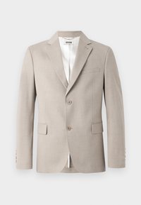 Beige blazer with notched lapels, two buttons, chest pocket, and flap pockets. Made of textured fabric, featuring a white lining.