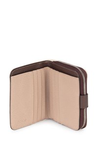 Brown leather wallet with a textured taupe interior, features card slots, a zippered compartment, and smooth edging.