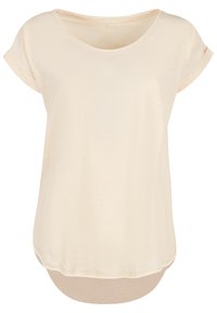 Light beige short-sleeve t-shirt with a scoop neckline, soft texture, rounded hem, and rolled cuffs. Simple, relaxed fit design.