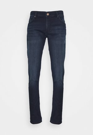 Donkerblauwe denim jeans met een slim fit, voorzien van traditionele vijf-pocket styling en een knoopsluiting bij de taille.