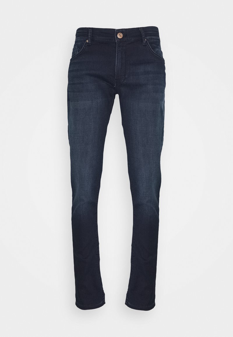 Donkerblauwe denim jeans met een slim fit, voorzien van traditionele vijf-pocket styling en een knoopsluiting bij de taille.
