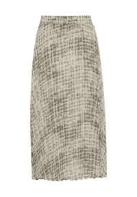 Una falda fluida hasta la rodilla con un patrón abstracto en tonos gris y blanco, con una cinturilla elástica y una textura sutil.