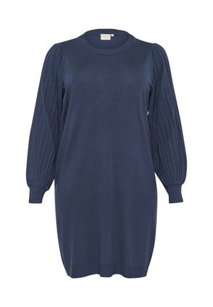 Robe tricotée bleu marine avec des manches bouffantes à côtes, un col rond et une silhouette droite, dotée d'une texture douce et d'une coupe décontractée.