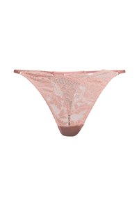 Thong en dentelle rose avec motif floral, devant transparent, ceinture en satin, et bretelles réglables, présentant un dos rose uni.