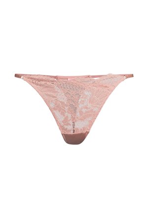 Roze kanten string met bloemenpatroon, doorzichtige voorkant, satijnen tailleband en verstelbare bandjes, met een effen roze achterkant.