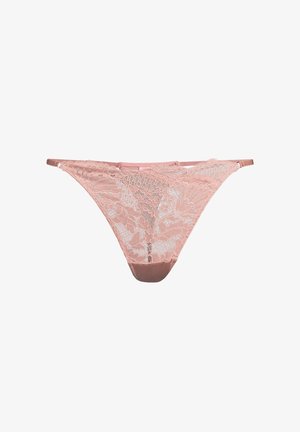 Roze kanten string met bloemenpatroon, doorzichtige voorkant, satijnen tailleband en verstelbare bandjes, met een effen roze achterkant.