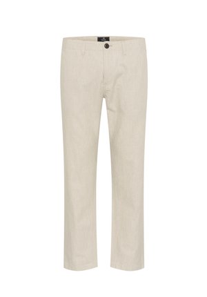 Helle beige Leinenhose mit geradem Bein, vorderem Knopfverschluss und subtiler Textur. Keine sichtbaren Taschen oder Muster.