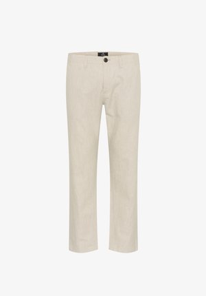 Heledadbeži linased püksid sirge sääre disainiga, eesnupu sulgemisega ja peene tekstuuriga. Ilma nähtavate taskute või mustriteta.