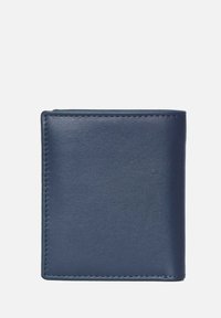 Navy blue leather wallet with a smooth texture and straight edges. Features stitched detailing, a fold-over design, and no visible hardware.