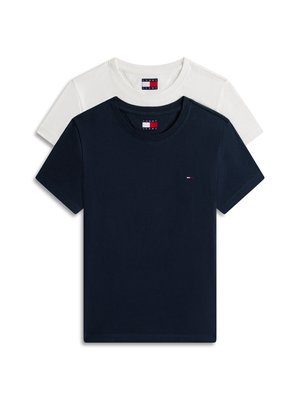 Two t-shirts stacked; one navy blue, one white. Both feature short sleeves and a small logo on the chest area. Soft cotton material.