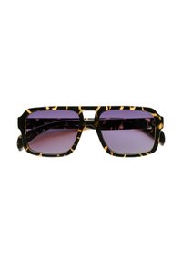 Gafas de sol cuadradas con una montura de plástico de carey negro y marrón. Los lentes degradados en púrpura ofrecen un aspecto moderno y audaz.