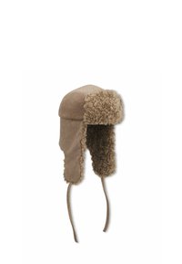 Bruine wollen muts met een zachte, gestructureerde bontvoering, oorflappen en verstelbare koorden. Ronde bovenkant met een gladde afwerking.