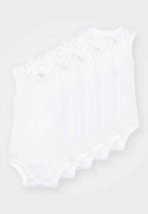 Fünf weiße ärmellose Bodys aus Baumwolle; mit rundem Ausschnitt und Druckknopfverschluss am Boden für ein einfaches Anziehen.