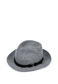 Gray felt fedora hat with a black band, structured shape, and smooth texture; features a subtle shine and a decorative hardware accent.