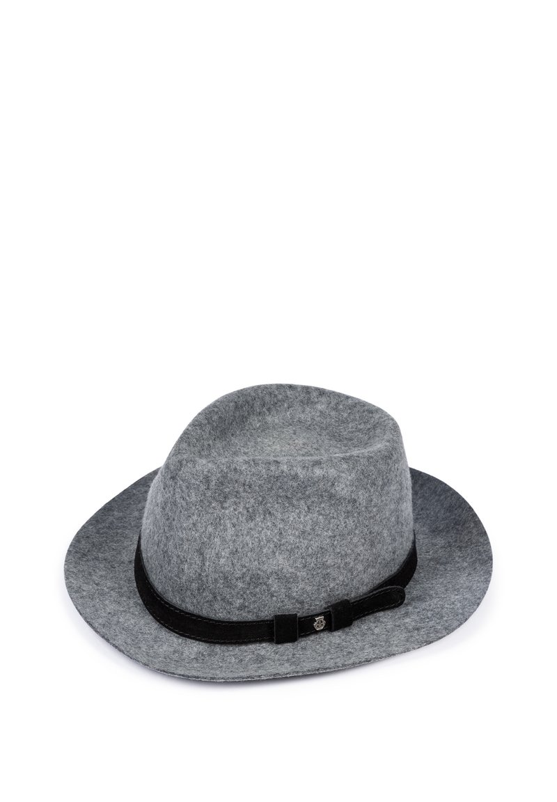 Gray felt fedora hat with a black band, structured shape, and smooth texture; features a subtle shine and a decorative hardware accent.