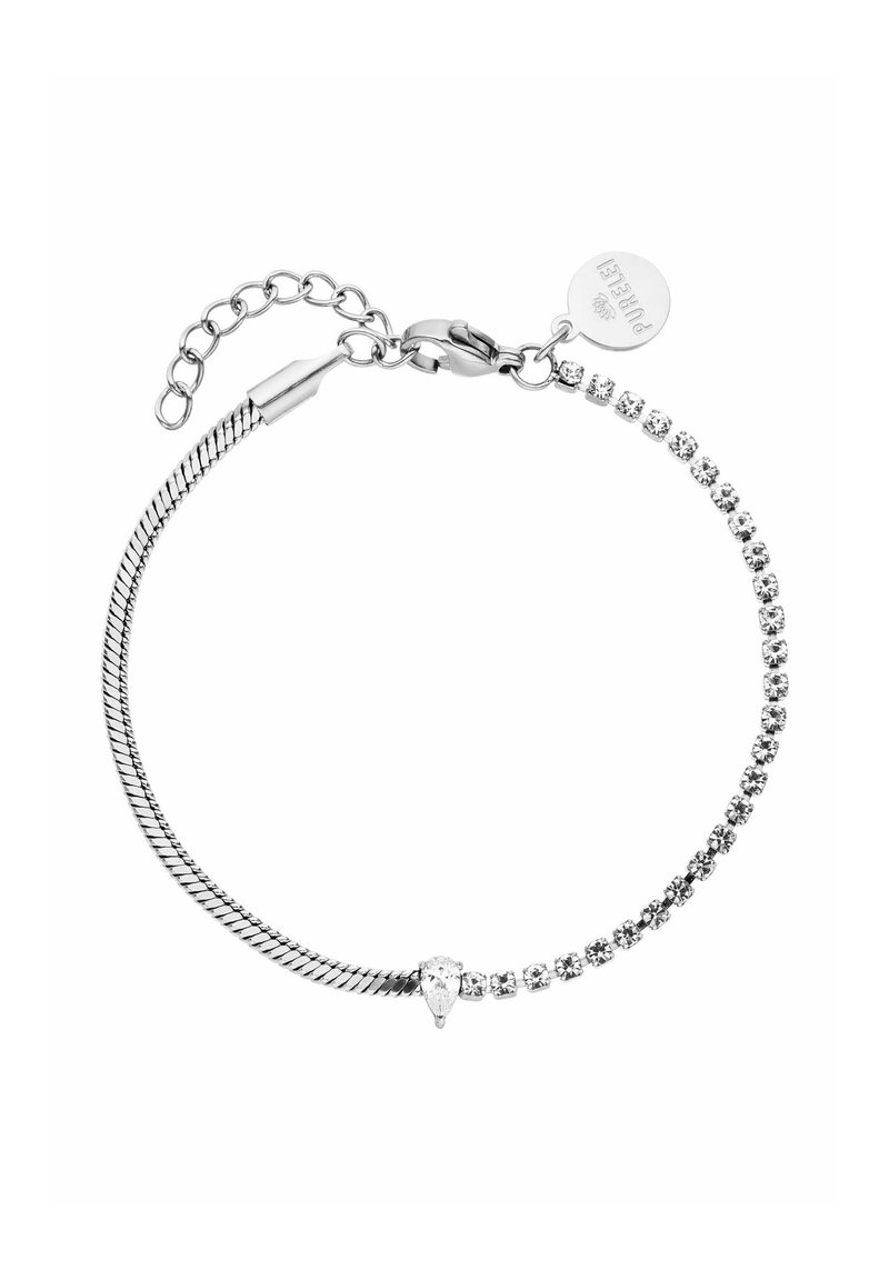 Silberarmband mit einem verdrehten Seildesign, einer Reihe klarer Kristalle, einem tropfenförmigen Detail und einem Karabinerverschluss mit Verlängerung.