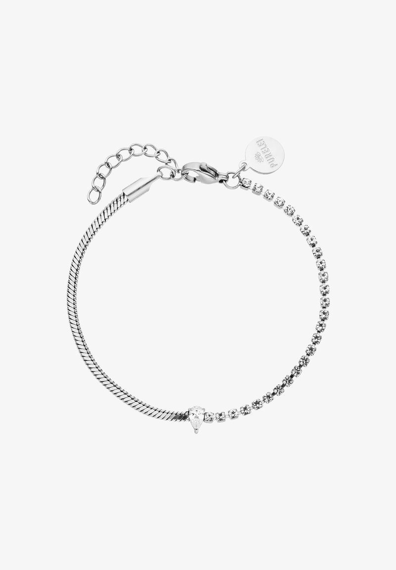 Silberarmband mit einem verdrehten Seildesign, einer Reihe klarer Kristalle, einem tropfenförmigen Detail und einem Karabinerverschluss mit Verlängerung.