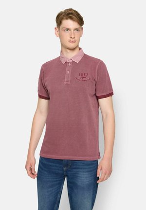 Bordeauxfarbenes Poloshirt mit hellem Kragen, kurzen Ärmeln und besticktem Logo. Hergestellt aus strukturiertem Stoff, mit einer Zwei-Knopf-Leiste.