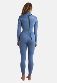 Full-length wetsuit in soft blue material with a textured pattern on sleeves. Features a high neck and back zipper for easy wear.