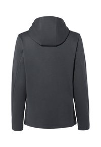 Giacca con cappuccio grigio scuro realizzata in tessuto morbido e testurizzato. Presenta un design semplice e maniche lunghe con orlo arrotondato nella parte inferiore.