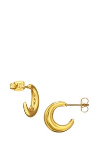 Orecchini a cerchio in oro con un design curvo e lucido. Presentano un retro a perno sicuro e una superficie liscia e riflettente.